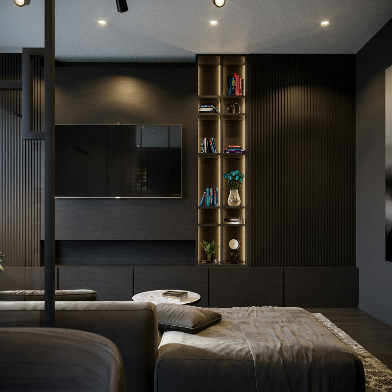 Éclairage intérieur intégré dans un salon, installation électrique